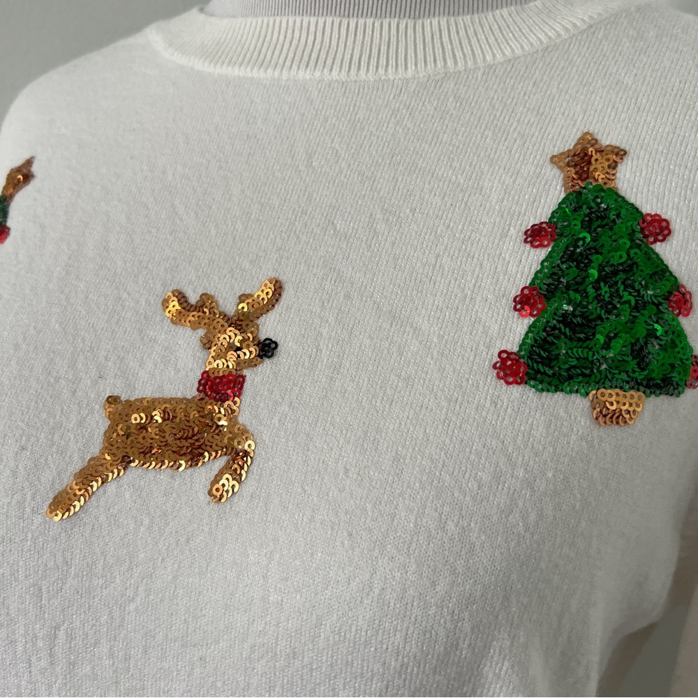 Holiday White Sweater with Festive Sequined Embellishments - Small - Picture 2 of 5